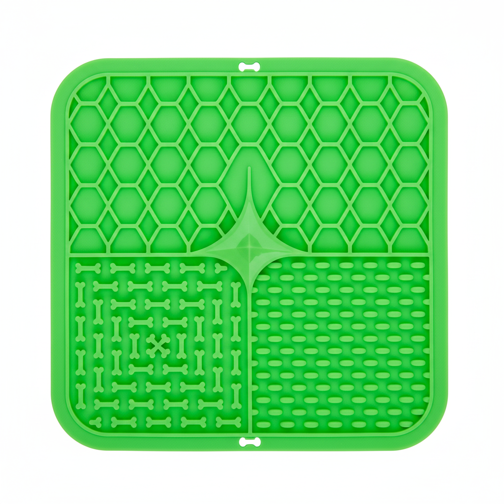 Green silicone lick mat for dogs — slow feeder with honeycomb and maze pattern